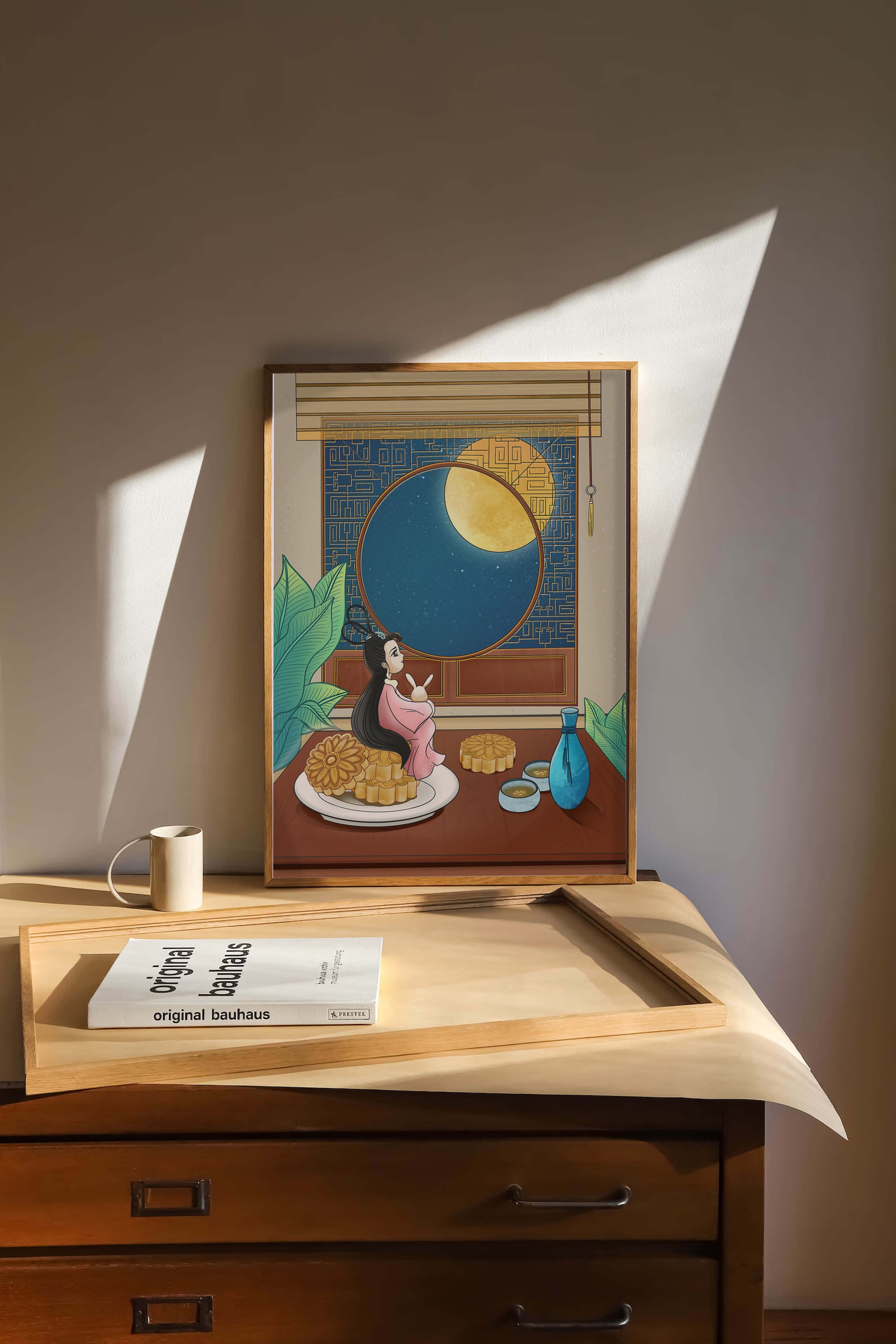 Tranquila escena nocturna con pasteles de luna y una figura mítica