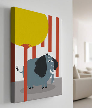 Illustration eines verspielten Elefanten mit einem gelben Ballon in abstrakter Umgebung