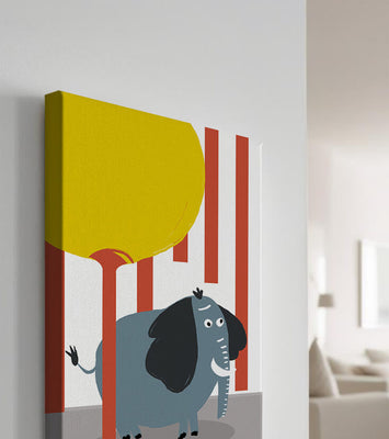 Illustration of a playful elephant with a yellow balloon in abstract setting