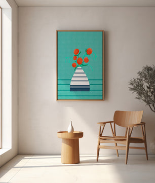 Vase with Red Flowers on a Textured Blue Background - Mi tienda