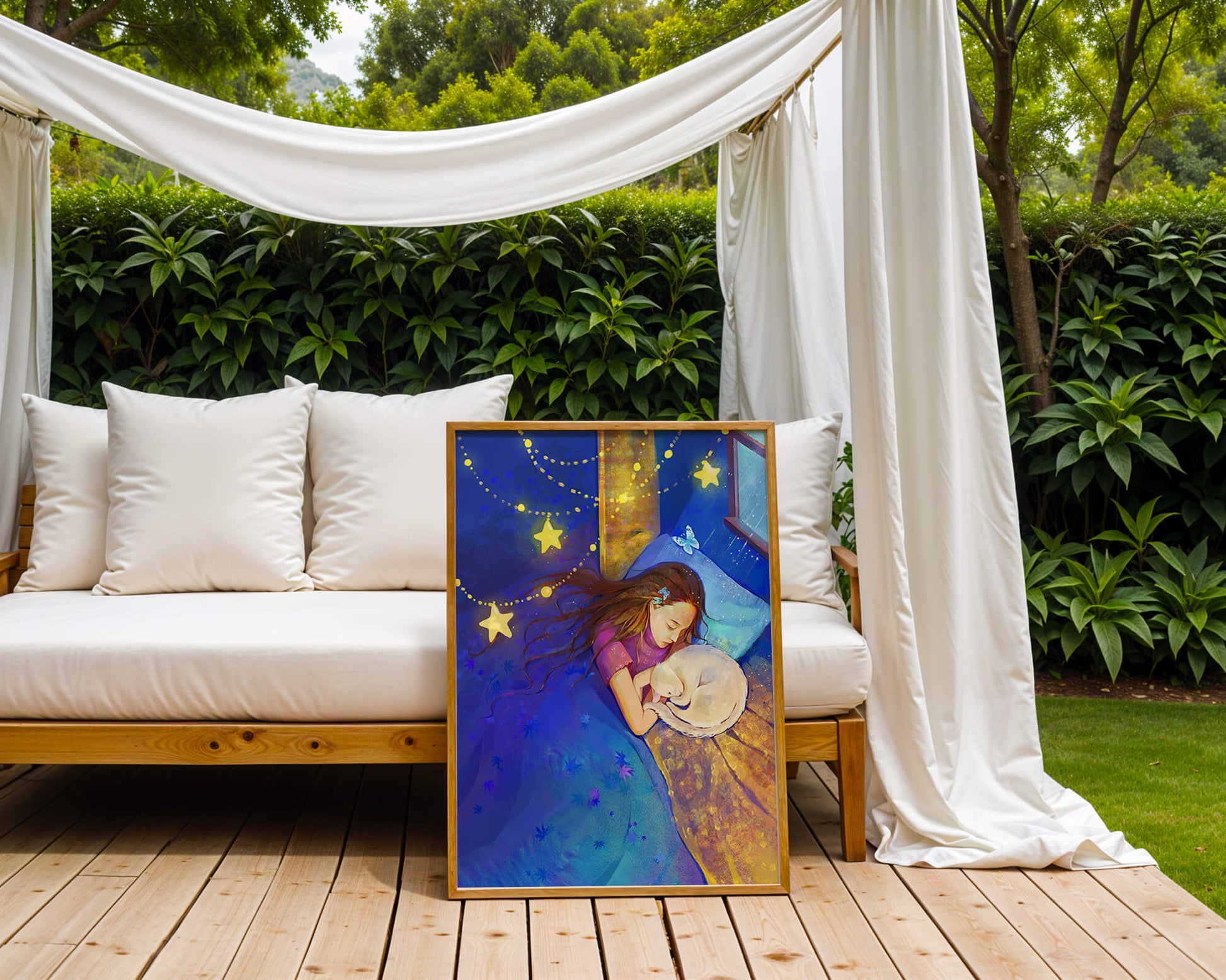 Girl sleeping with cat under starry night sky