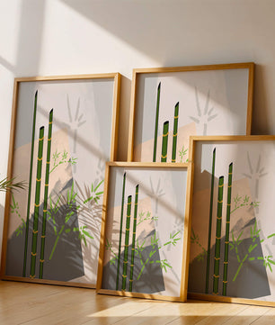 Arte minimalista de bambú con sombras abstractas de bambú