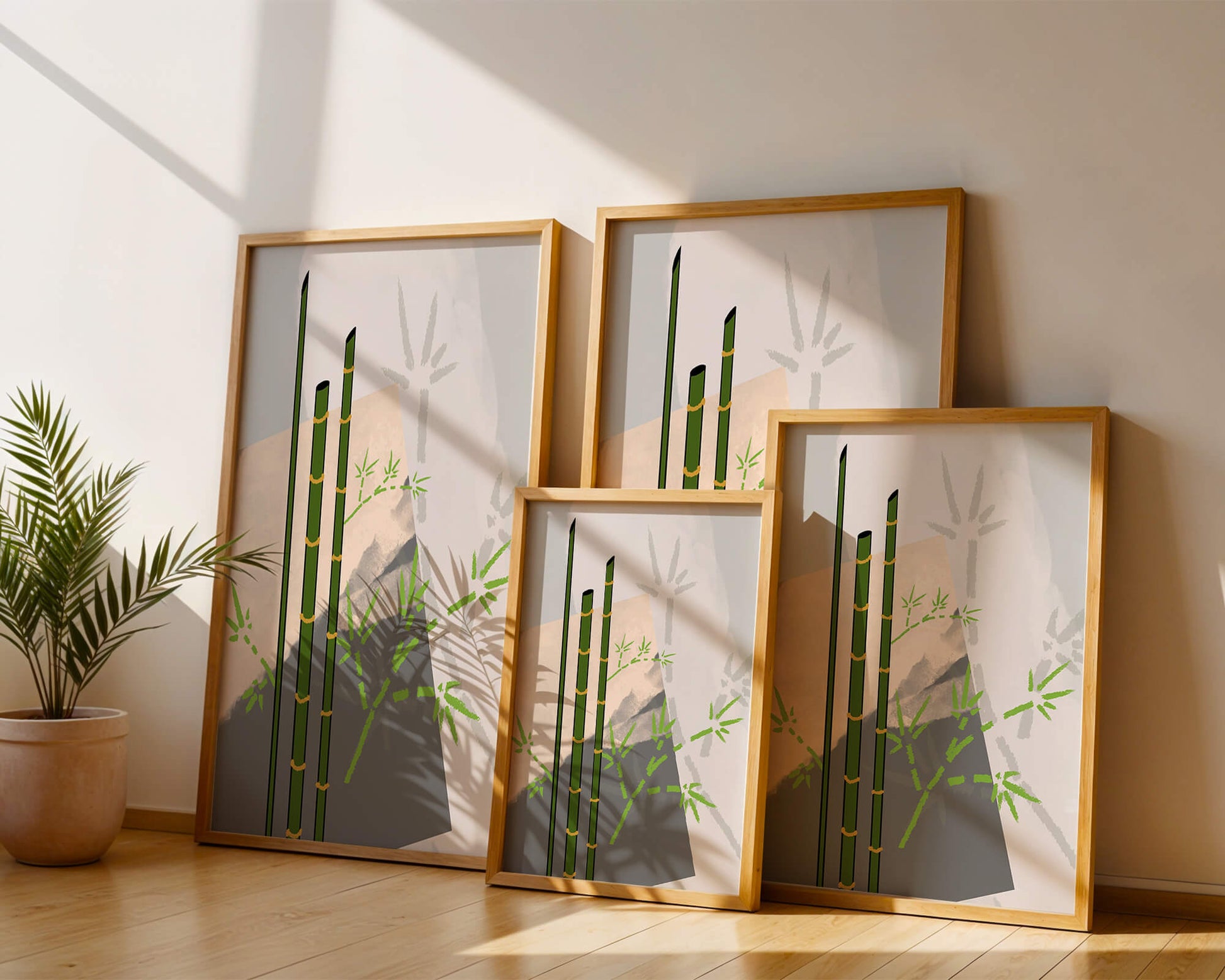 Arte minimalista de bambú con sombras abstractas de bambú