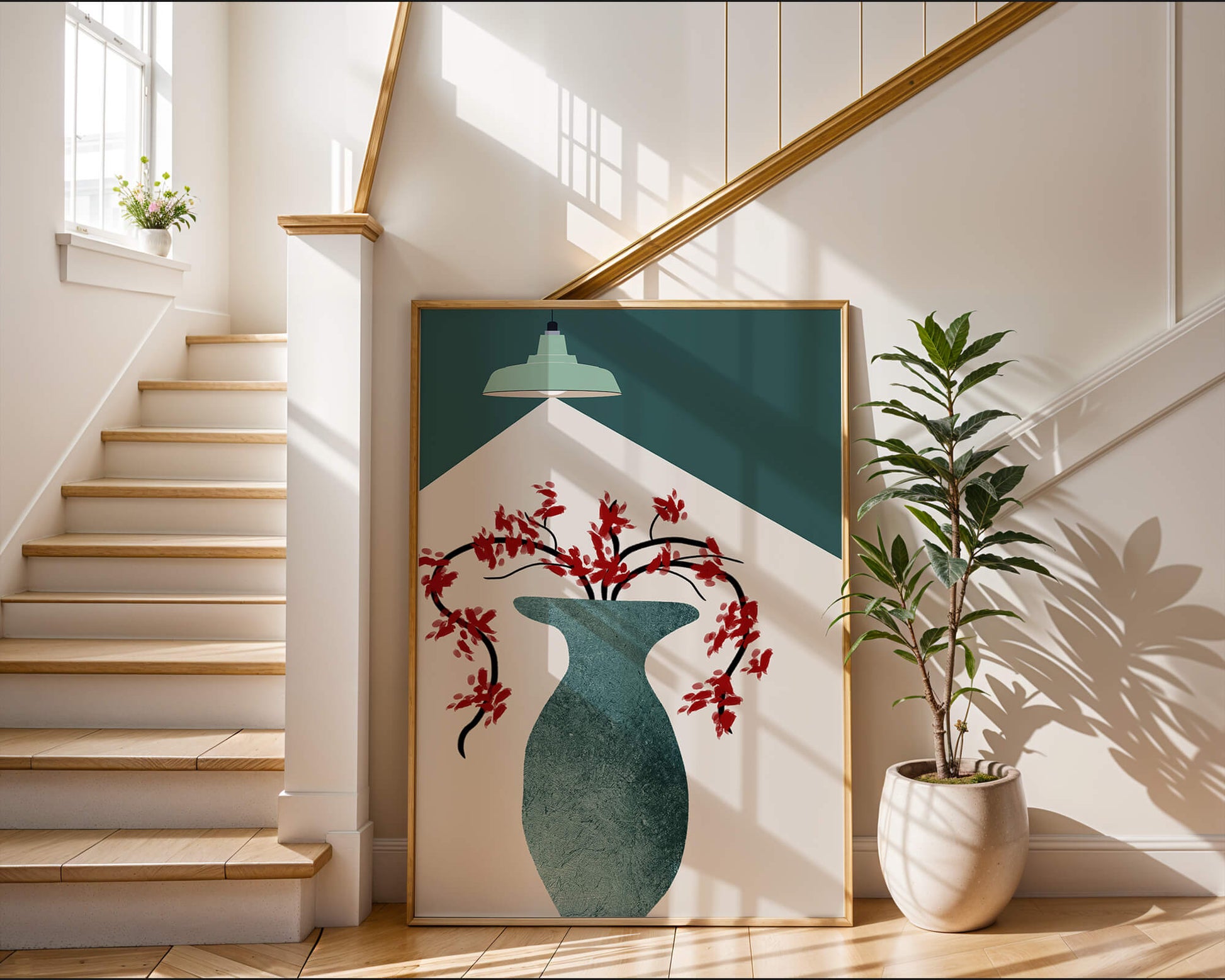 Modern Minimalist Vase with Red Flowers Under Green Lamp