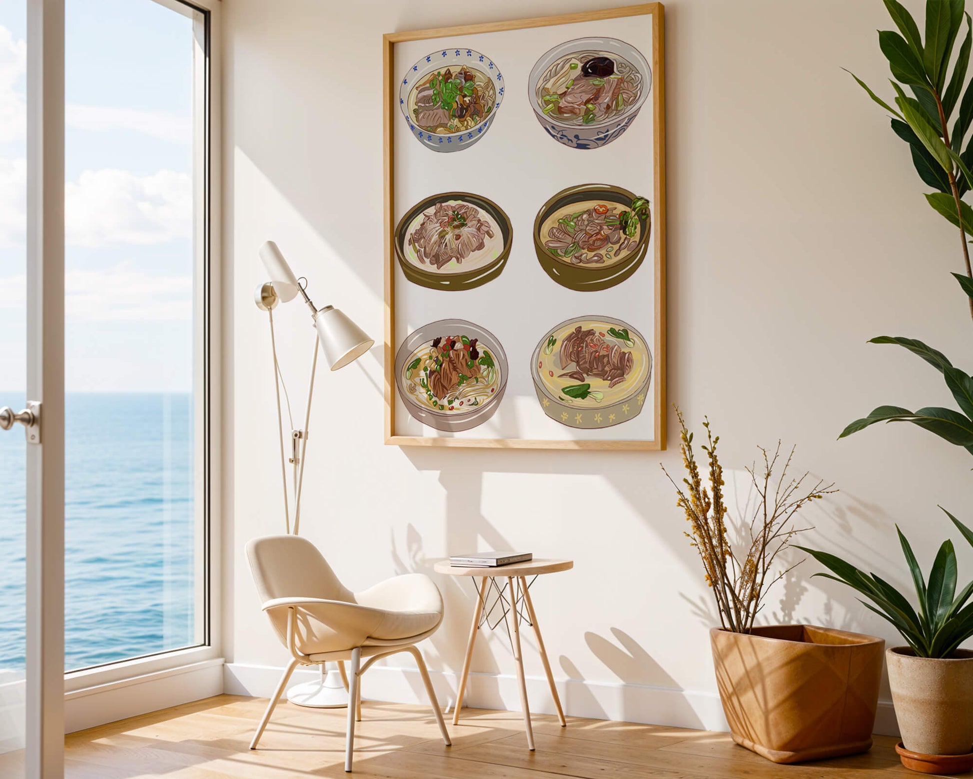 Illustrated bowls of Asian noodle soups with herbs and vegetables