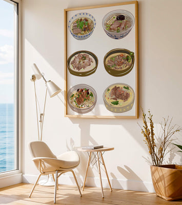 Illustrated bowls of Asian noodle soups with herbs and vegetables