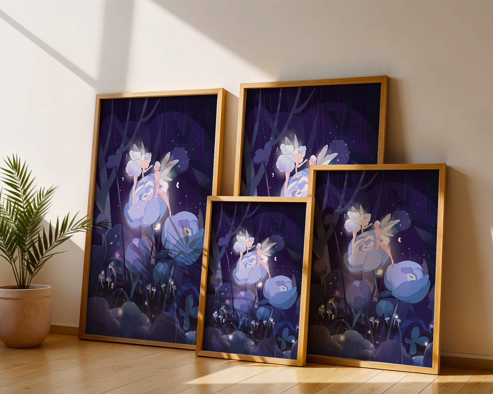 La forêt enchantée avec des fées et des fleurs lumineuses la nuit