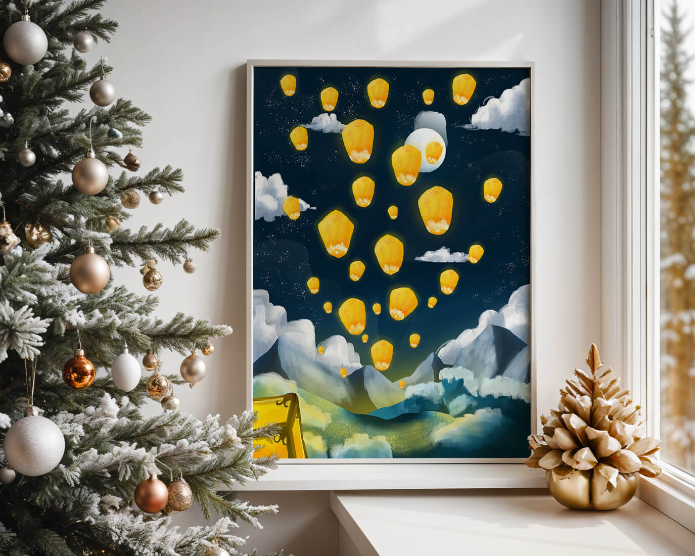 Lanterns floating in a starry night sky over mountains