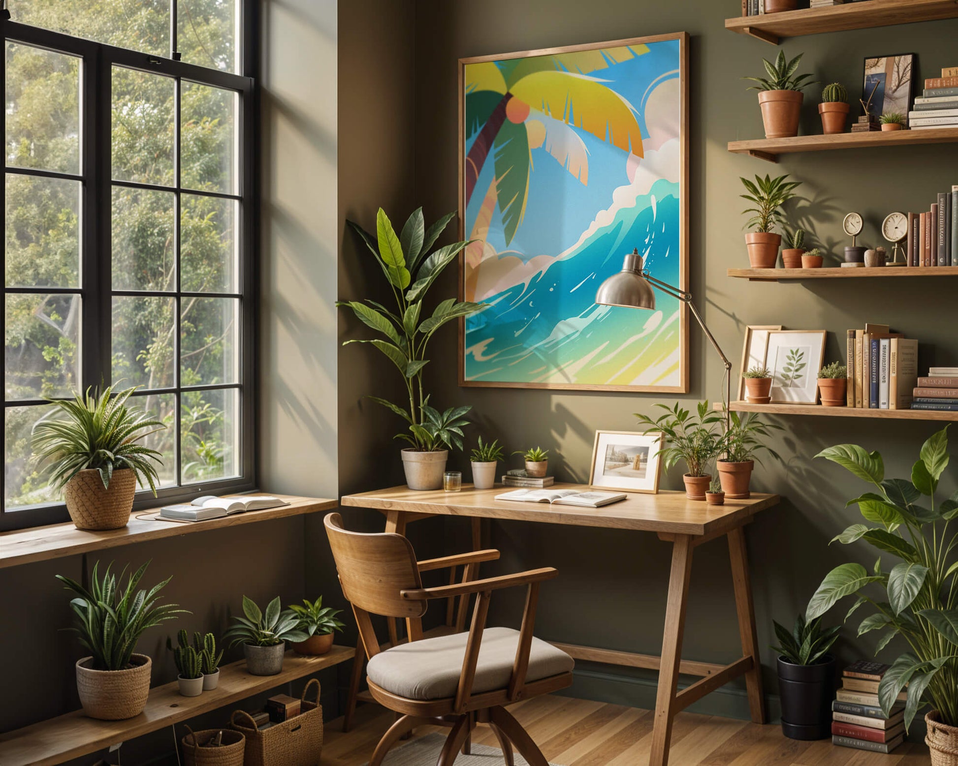 Escena vibrante de playa tropical con palmera y ola del océano