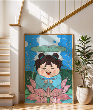 Whimsical illustration of a joyful child with lotus and umbrella
