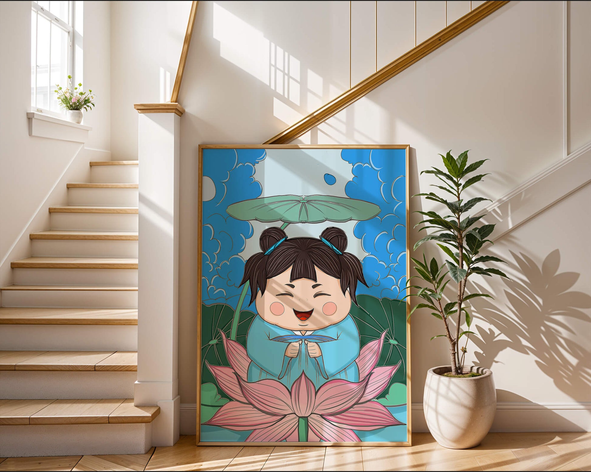 Whimsical illustration of a joyful child with lotus and umbrella