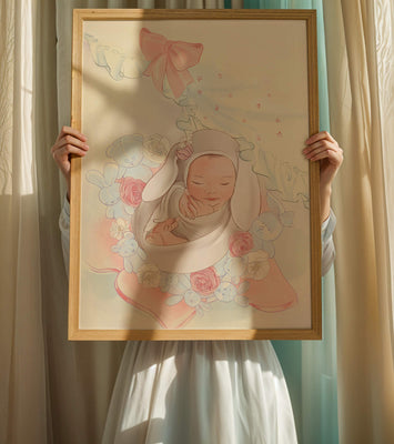Sweet sleeping baby surrounded by soft pastel decorations