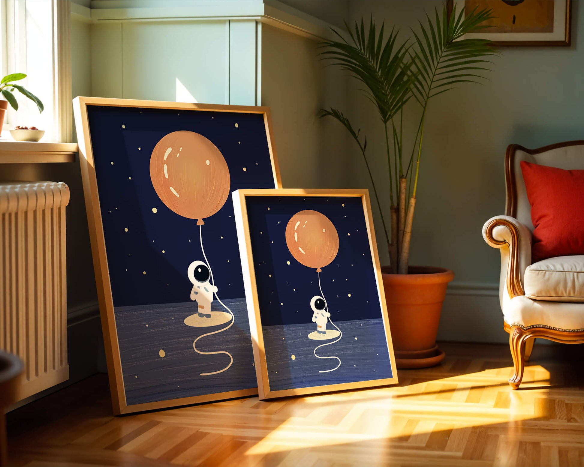 Charming Astronaut Holding Large Orange Balloon Under Starry Sky