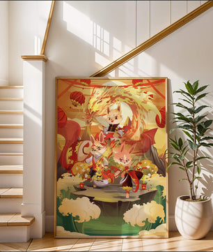 Fantastical scene with anthropomorphic animals and a dragon in a vibrant setting