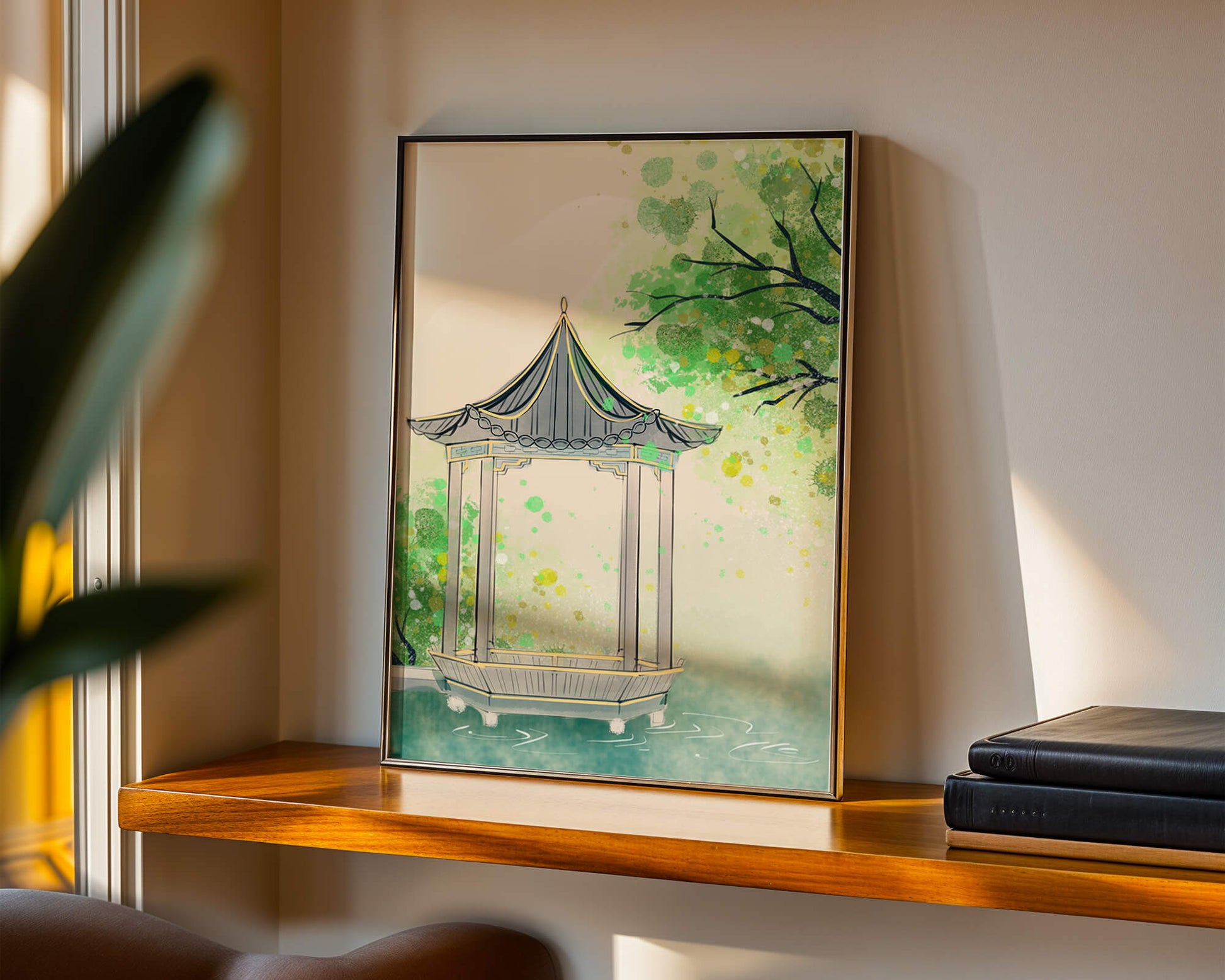 Serene garden gazebo by a tranquil pond with lush greenery