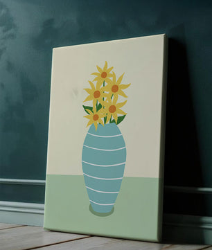 Yellow Sunflowers in a Blue Striped Vase on a Minimalist Background - Mi tienda