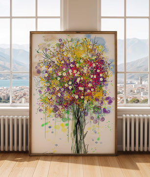 Abstract expressionist floral tree with vibrant colors