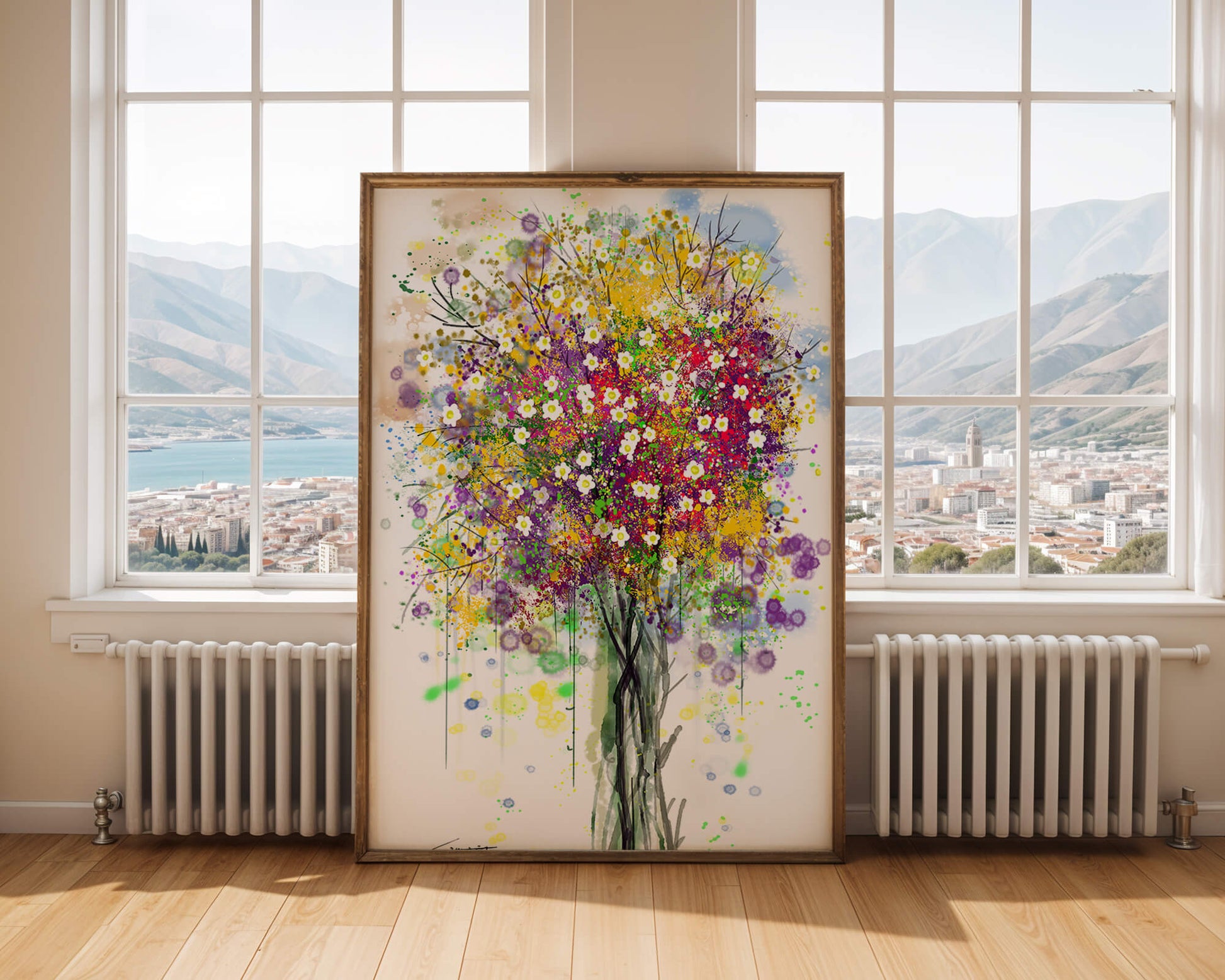 Abstract expressionist floral tree with vibrant colors