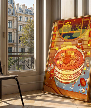 Scène festive et chaleureuse avec des enfants, un grand bol de soupe et des lanternes