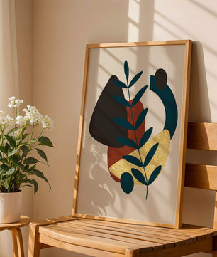Abstract Botanical Composition with Geometric Shapes and Gold Accent - Mi tienda