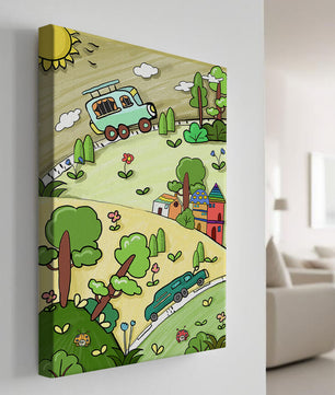 Colorful cartoon landscape with vehicles and nature scene