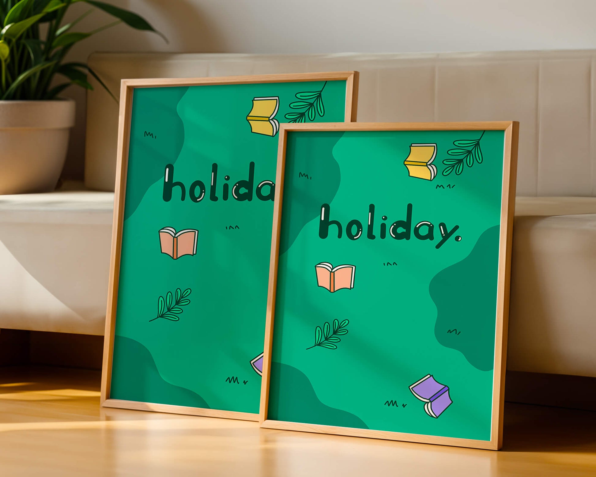Colorful holiday-themed design with books and leaves