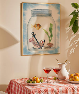 Watercolor illustration of marine life in a jar with a clownfish