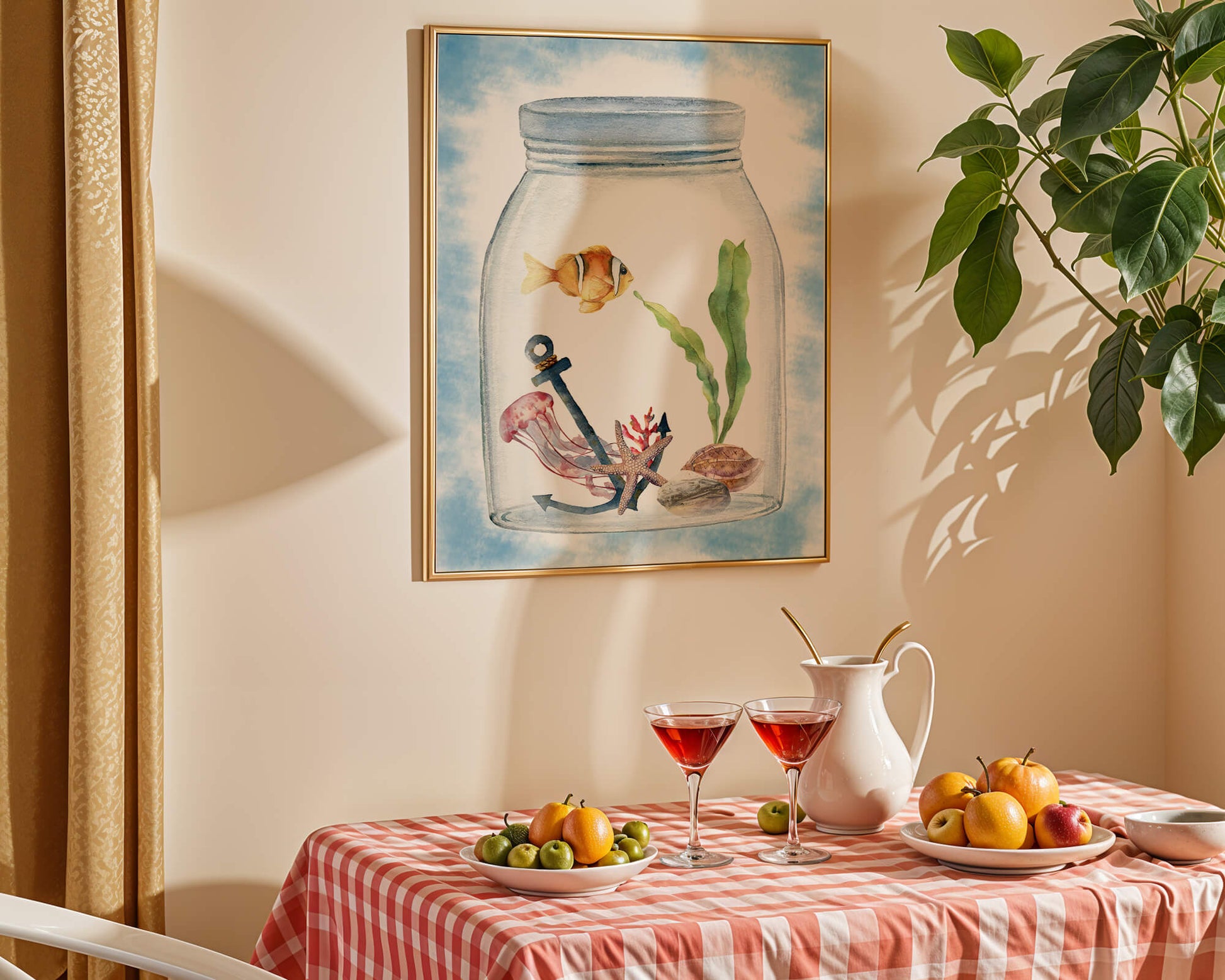 Watercolor illustration of marine life in a jar with a clownfish