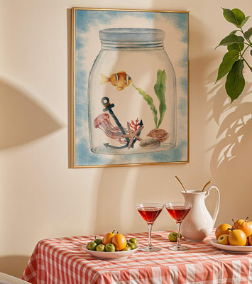 Watercolor illustration of marine life in a jar with a clownfish