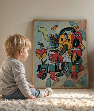 Colorful Abstract Surrealism Art with Intricate Details and Playful Characters