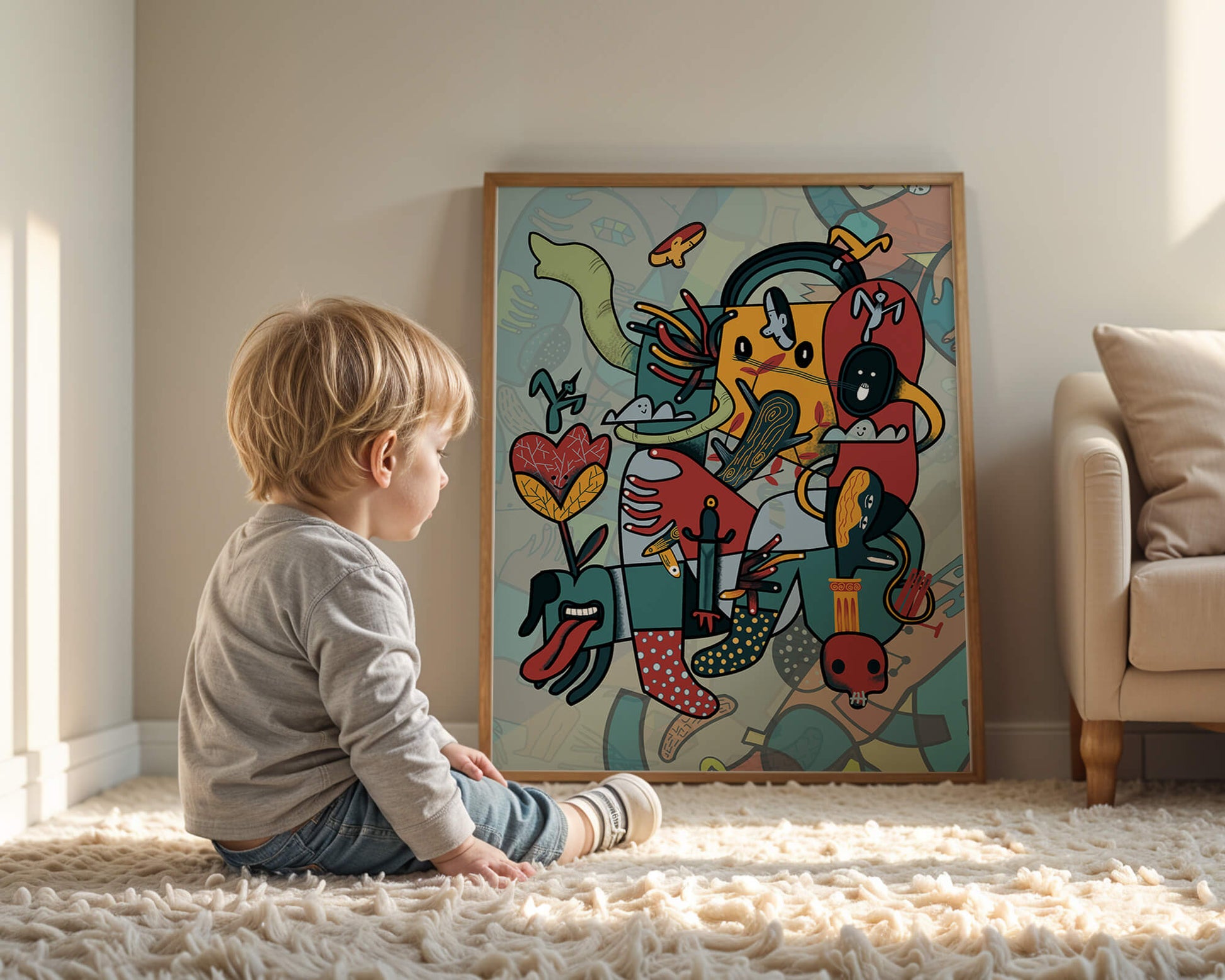 Colorful Abstract Surrealism Art with Intricate Details and Playful Characters