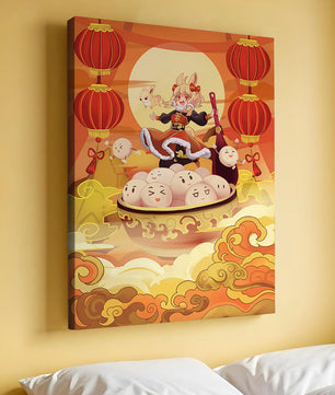 Charming festive fantasy illustration featuring lanterns and playful characters