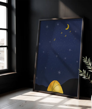 Camping Under Night Sky with Stars and Crescent Moon