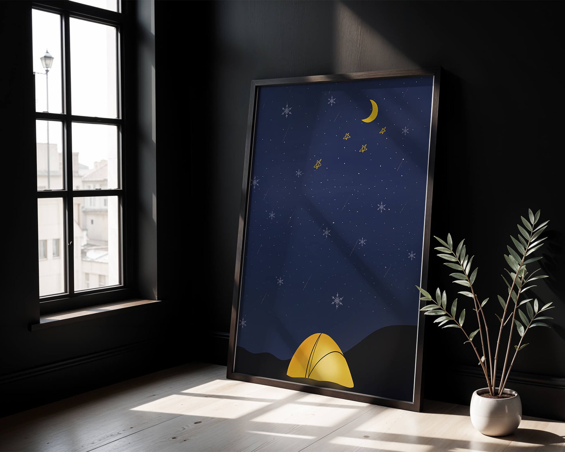 Camping Under Night Sky with Stars and Crescent Moon