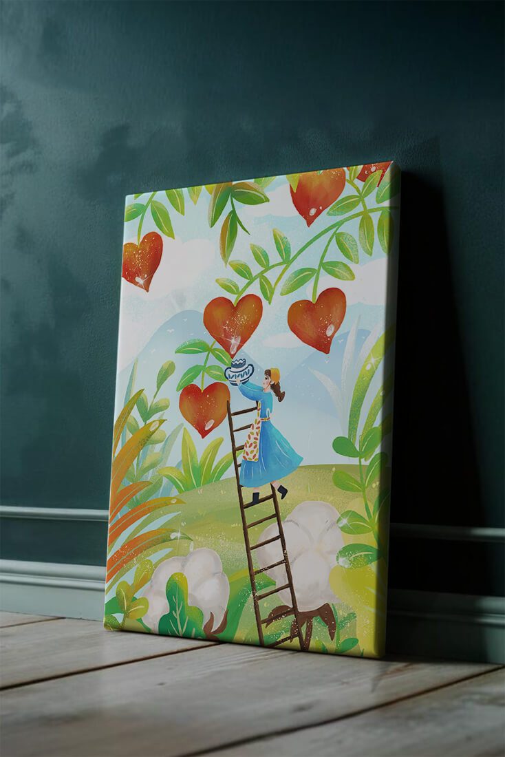 Mujer recolectando frutas en forma de corazón en el vibrante campo