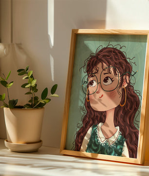 Illustration of a Thoughtful Girl with Glasses and Curly Hair