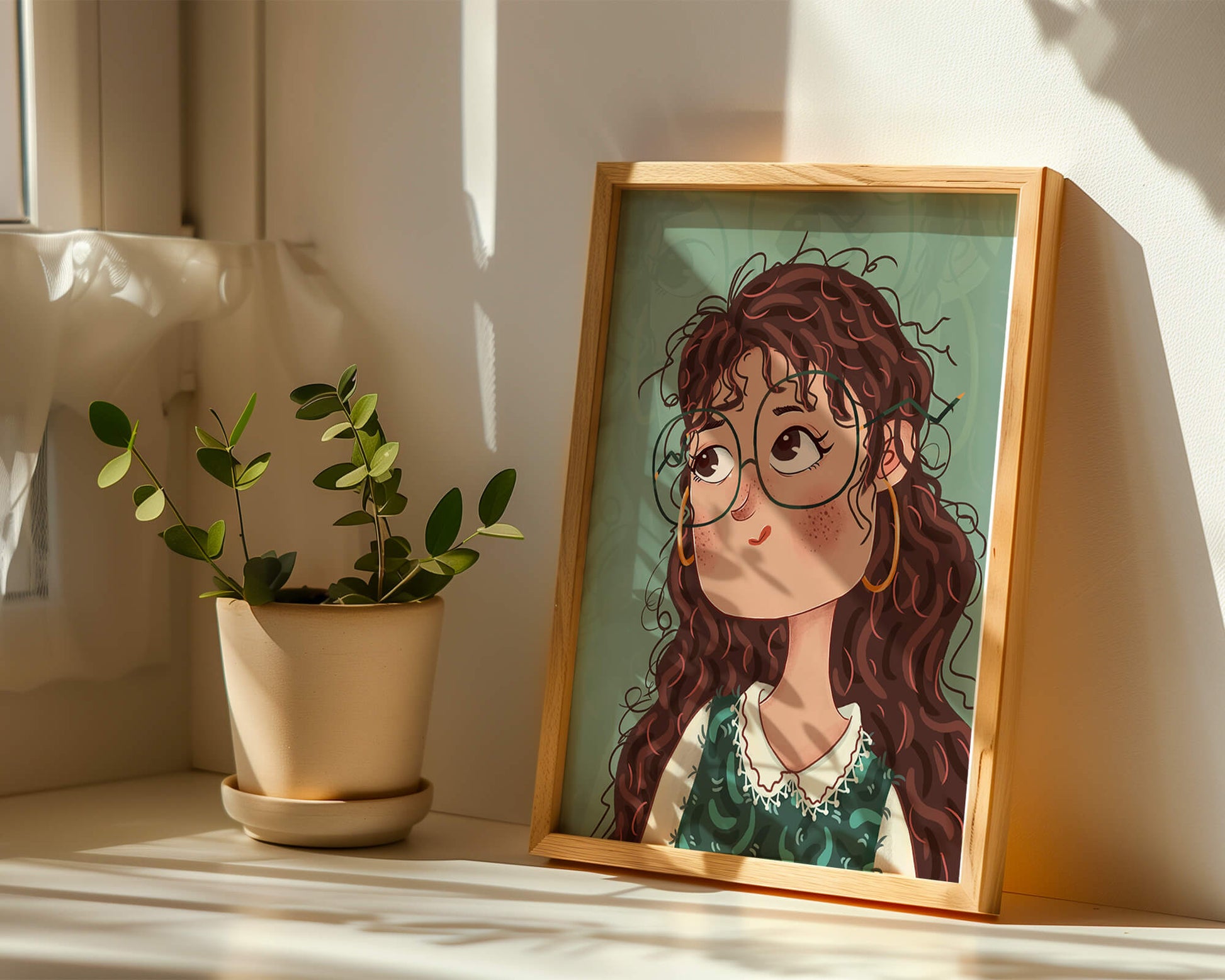 Ilustración de una chica pensativa con gafas y pelo rizado