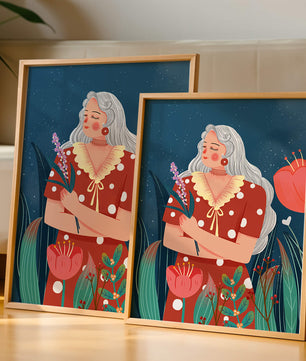 Serene illustration of a woman with flowers under a starry night sky