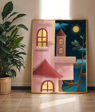 Castillo con ventanas arqueadas bajo el cielo iluminado por la luna