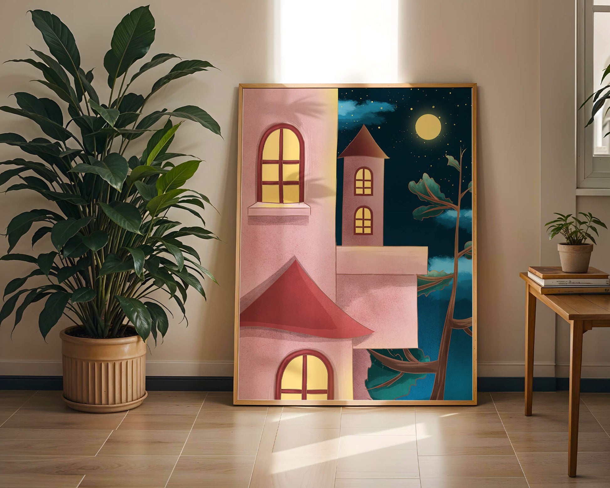 Castle with Arched Windows under Moonlit Sky