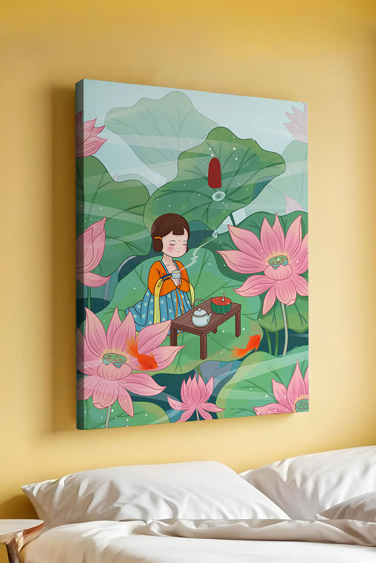 Serene illustration of a girl enjoying tea among lotus flowers
