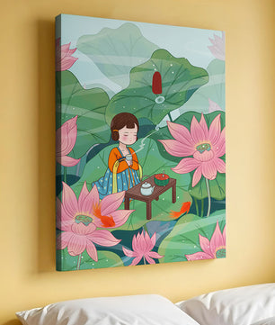 Serene illustration of a girl enjoying tea among lotus flowers