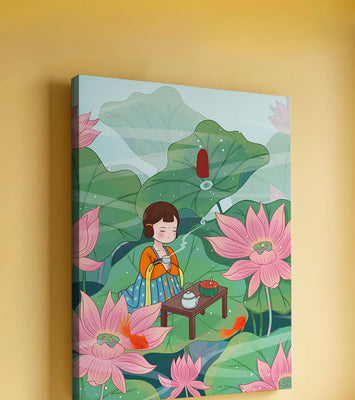 Serene illustration of a girl enjoying tea among lotus flowers