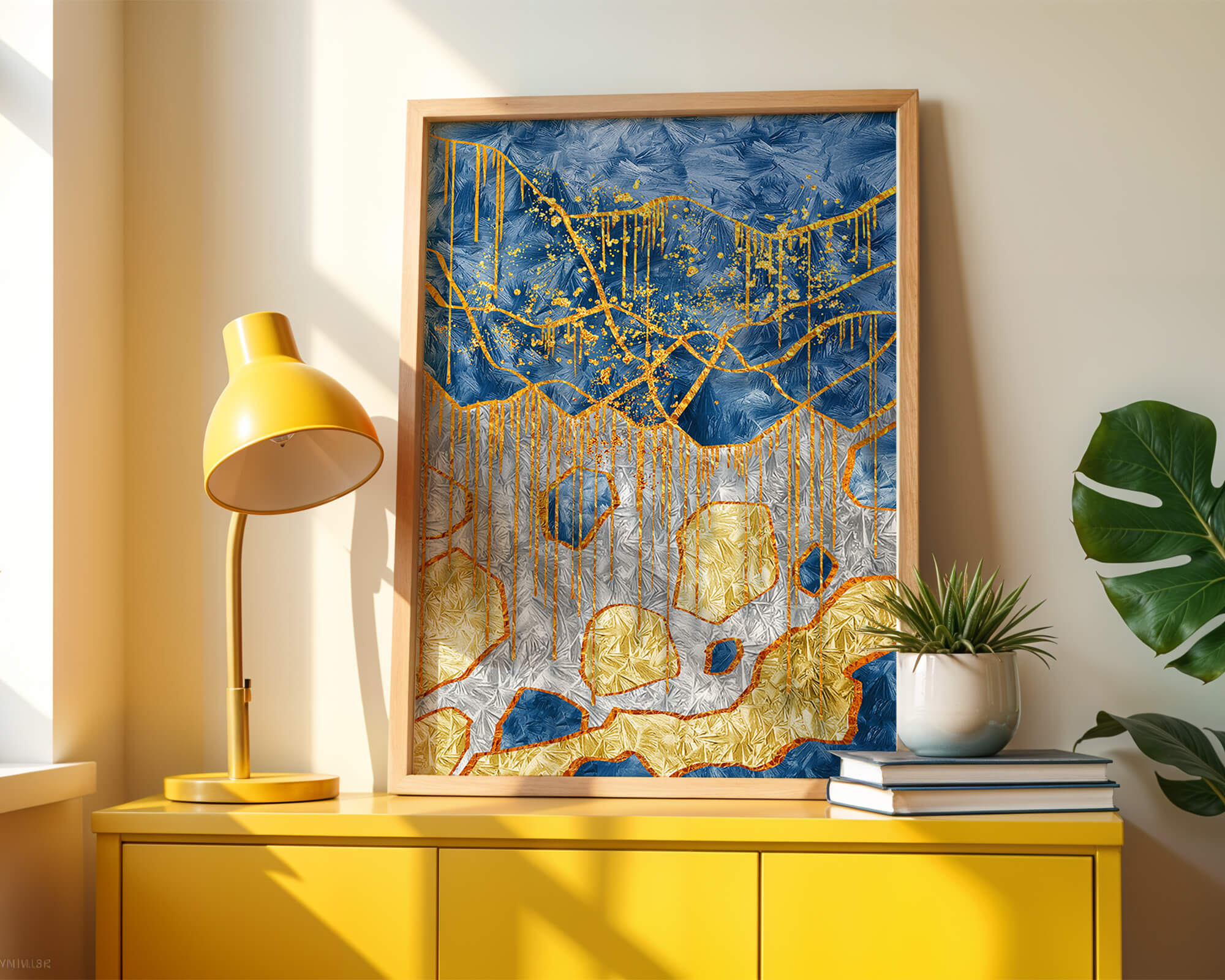 Abstract gold and blue textured art with dynamic splashes of color
