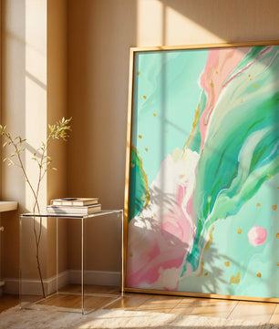 Obra de arte abstracta en pasteles y dorado con patrones fluidos