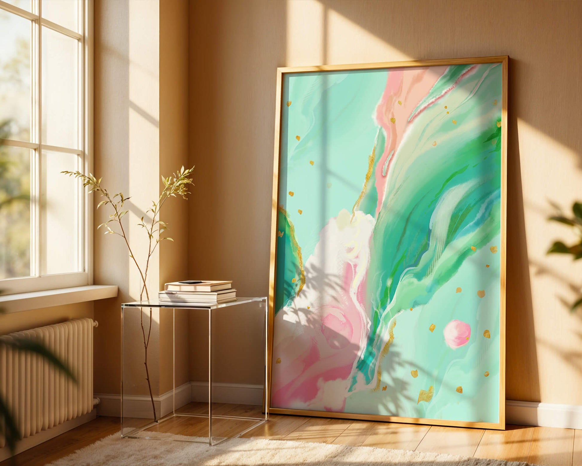 Obra de arte abstracta en pasteles y dorado con patrones fluidos