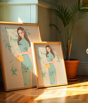 Elegant Woman in Traditional Dress Holding a Yellow Clutch with Bamboo Background