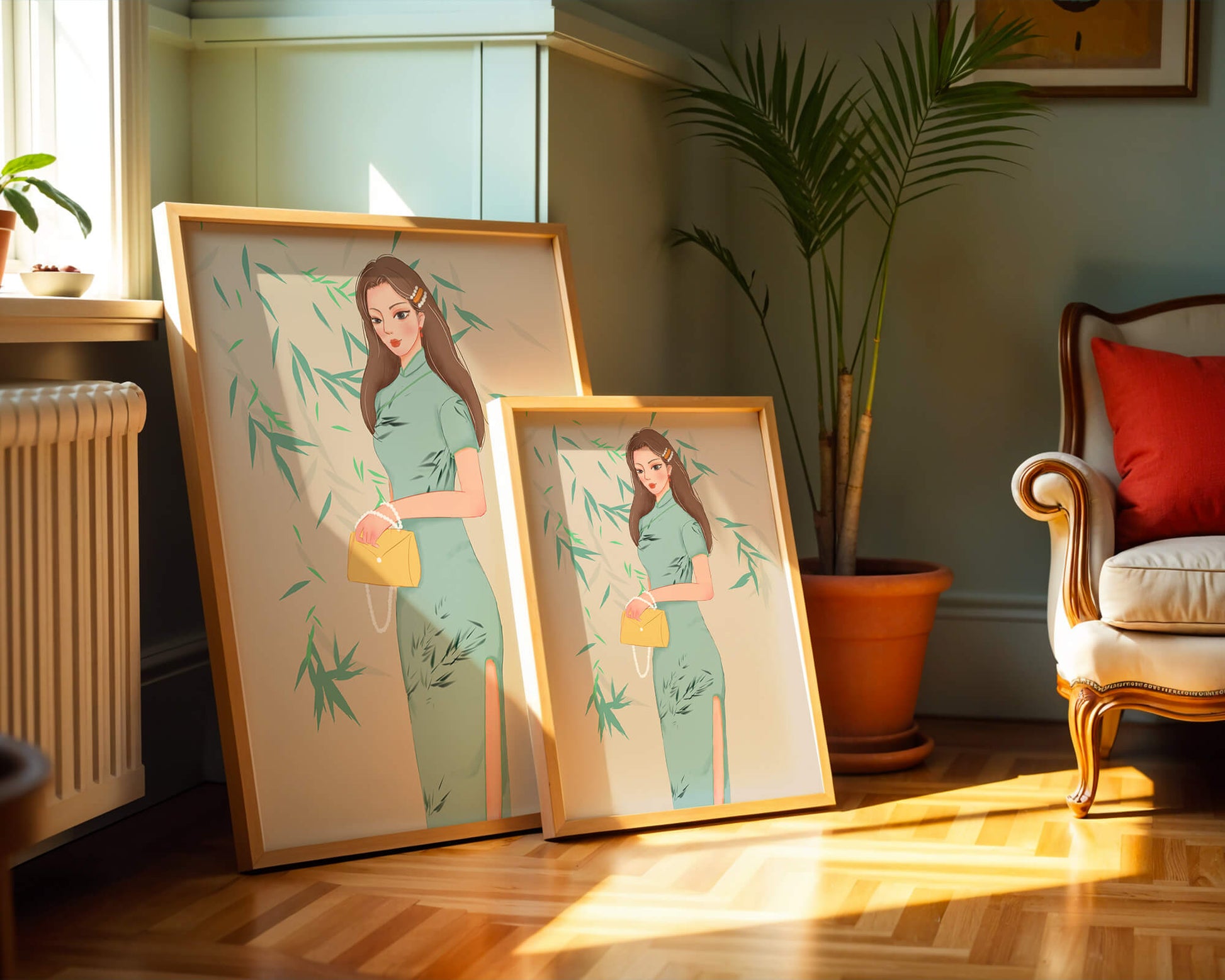 Mujer elegante con vestimenta tradicional sosteniendo un bolso amarillo con fondo de bambú