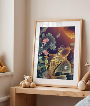 Bunte Koi-Fische mit Lotusblumen und Schmetterlingen bei Sonnenuntergang