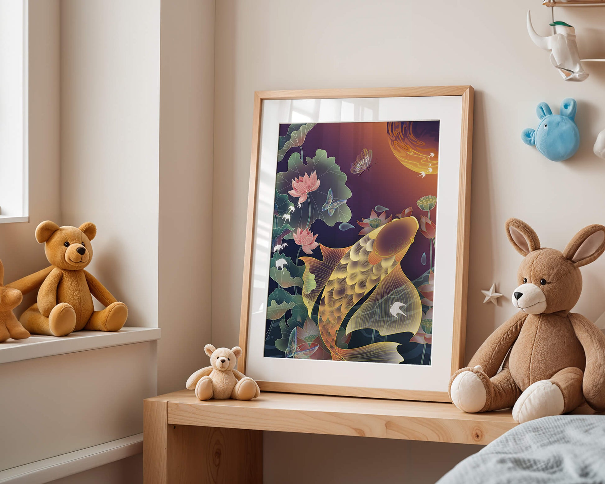 Bunte Koi-Fische mit Lotusblumen und Schmetterlingen bei Sonnenuntergang